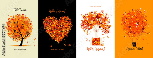 Autumn, Fall season. Tree, heart shape, women portrait, air balloon. Set of concept art for your design project - cards, banners, poster, web, print, social media, promotional materials. Vector