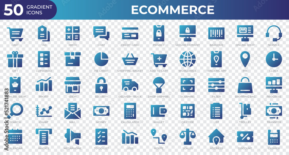Set of 50 Ecommerce web icons in gradient style. Credit card, profit, invoice. Gradient icons collection. Vector illustration