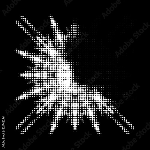 Multi-peaked dotted mandala on a black background, darkened from the right corner. Gauzy outline of polka dots. Mosaic mono ornament. Vector.