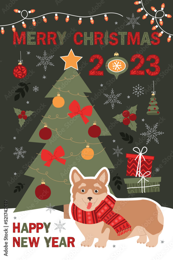 Fototapeta premium Merry Christmas and Happy New Year card with corgi dog with different winter elements. Cute hand drawn illustration.