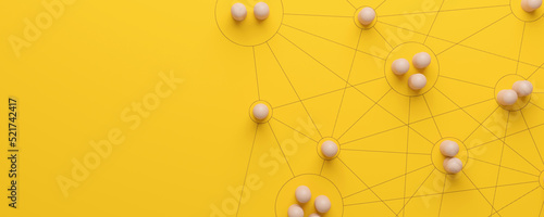 Human resource management and recruitment business. Social network connection. Group society communication. Wooden people with struture on yellow background. 3d rendering