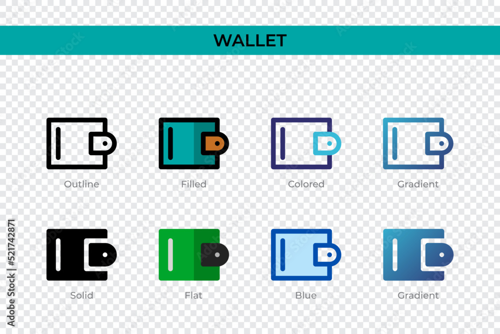 Wallet icon in different style. Wallet vector icons designed in outline, solid, colored, filled, gradient, and flat style. Symbol, logo illustration. Vector illustration Wallet icon in different style. Wallet vector icons designed in outline, solid, colored, filled, gradient, and flat style. Symbol, logo illustration. Vector illustration