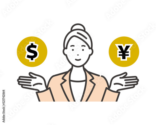 外国為替（ドル円）の説明をする日本のビジネスウーマン
