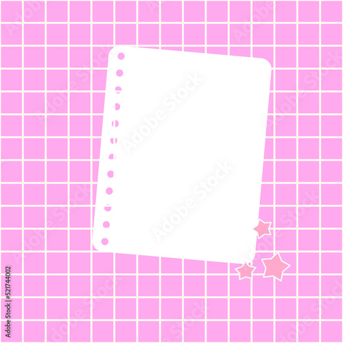 White note paper on a pink background. A sheet of notebook paper placed on pink checker background with little star. Vector illustration, flat style.