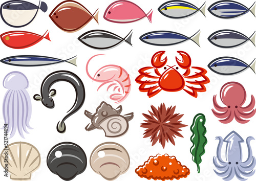 シンプルな線画の魚介類　シーフード　カラーイラストセット