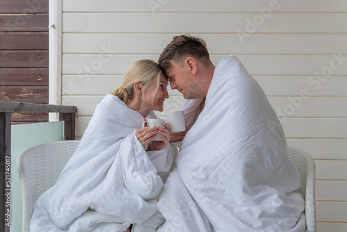 Happy couple drink blanket guy girl cute married young family, for warmth romantic for happiness and leisure husband, bedroom amorous. Women positive weekend,