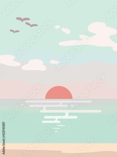 Sunset over sea. Vector. Pastel color. Postcard, poster. Background. 