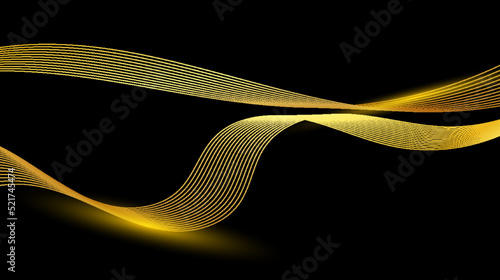 Abstract golden wave lines elements with glowing light on black background luxury style.
