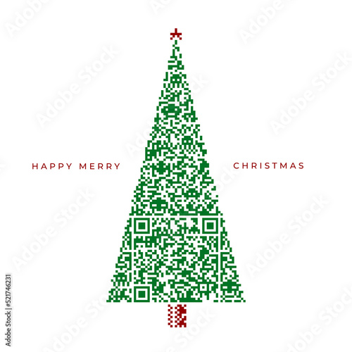 Merry Christmas design with Christmas tree made from scan QR code pattern. Vector