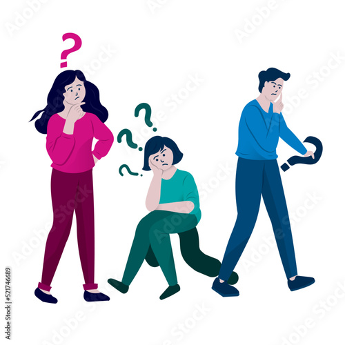Questioning people men, women in doubt thinking with question marks over scratching head. Confusion