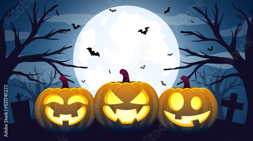 Halloween spooky night background vector. Halloween illustration with pumpkins, bats with full moon. Party banner design
