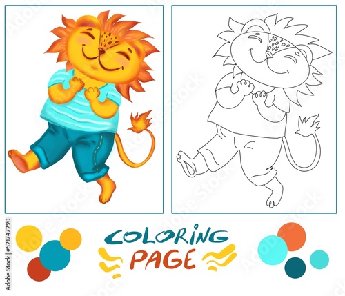 Color page of lion cartoon character. Creativer color book of funny cute smiling little lion in clothes for kids and adults. photo