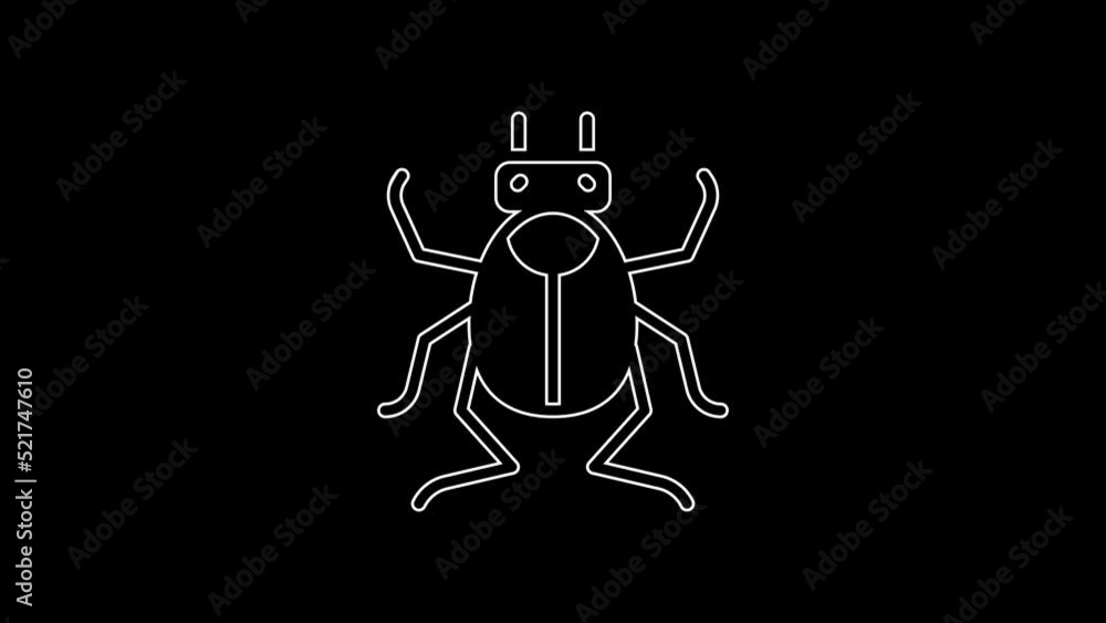White line Beetle bug icon isolated on black background. 4K Video motion graphic animation White line Beetle bug icon isolated on black background. 4K Video motion graphic animation