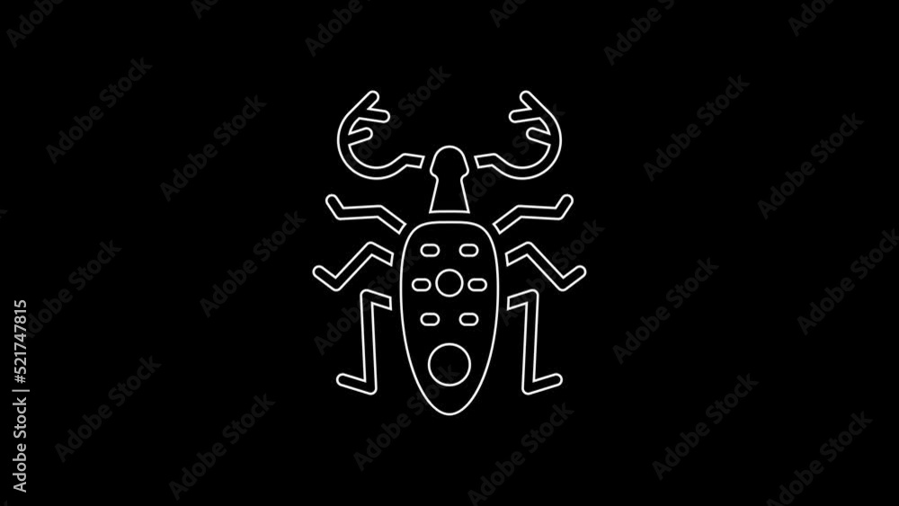 White line Beetle deer icon isolated on black background. Horned beetle. Big insect. 4K Video motion graphic animation