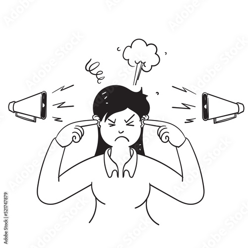 hand drawn doodle person cover ear stress and dizzy from pressure influence media illustration