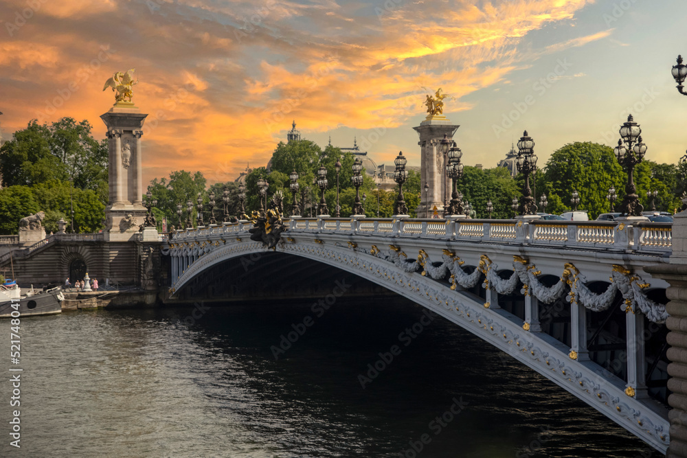 Alexander III Bridge over the Seine River in Paris and is the most beautiful of the Parisian city, located next to the Eiffel Tower that attracts tourists and travelers.