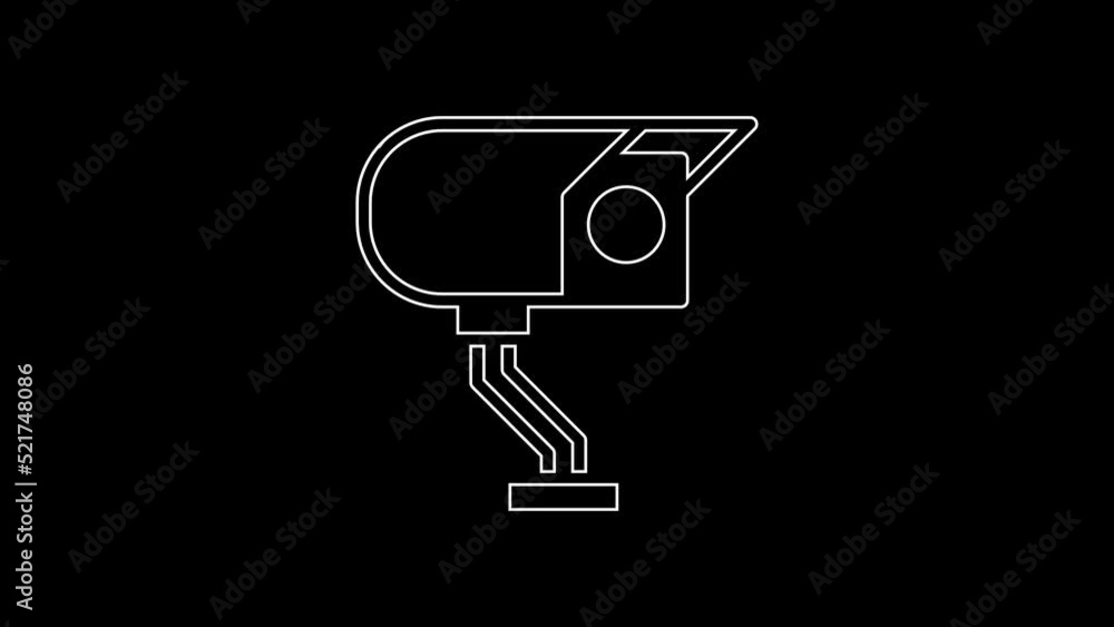 White line Security camera icon isolated on black background. 4K Video motion graphic animation White line Security camera icon isolated on black background. 4K Video motion graphic animation