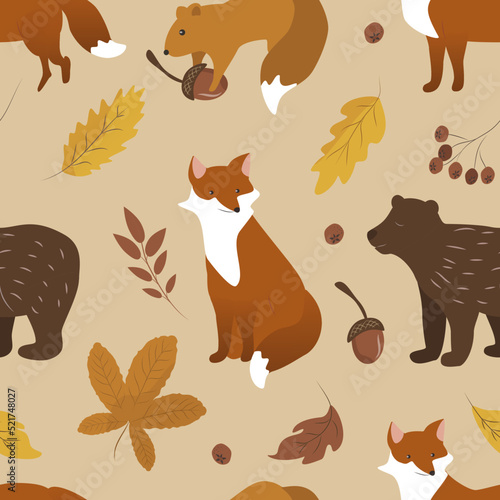 vector autumn seamless pattern in flat style with different cute animals - fox, squirrel, bear and autumn foliage photo