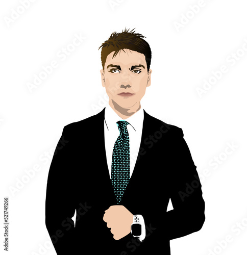 A handsome guy with brown hair in a black suit and blue patterned tie, wearing a watch, realistic minimalist illustration vector