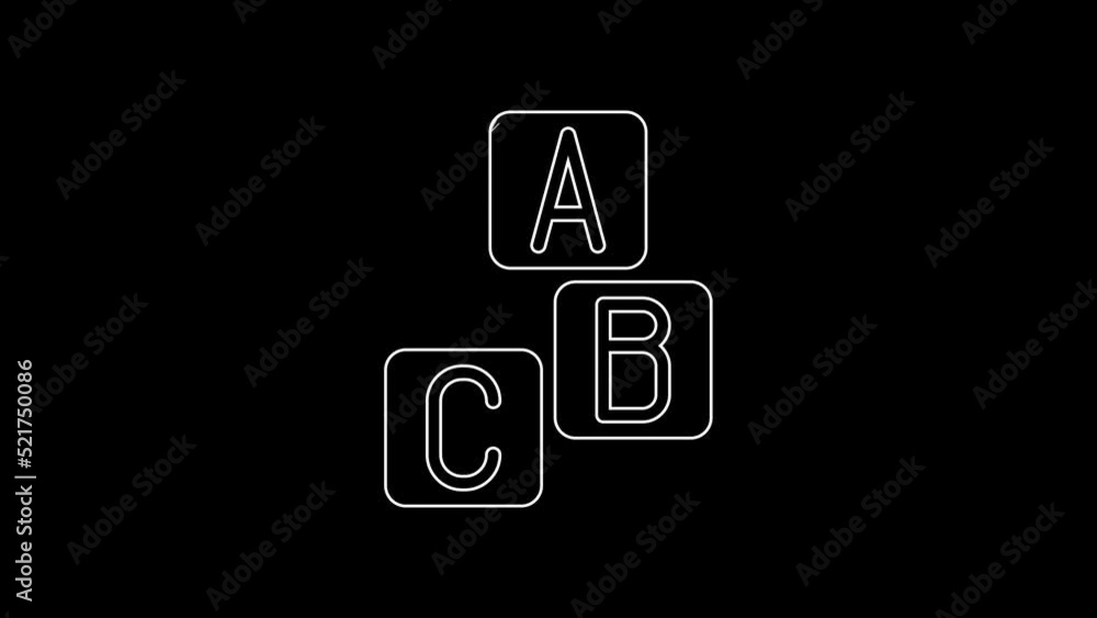 White line ABC blocks icon isolated on black background. Alphabet cubes with letters A,B,C. 4K Video motion graphic animation White line ABC blocks icon isolated on black background. Alphabet cubes with letters A,B,C. 4K Video motion graphic animation