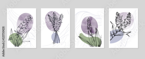 Set of Abstract Lavender Hand Painted Illustrations for Wall Decoration, minimalist flower in sketch style. Postcard, Social Media Banner, Brochure Cover Design Background. Modern Abstract Painting Ar