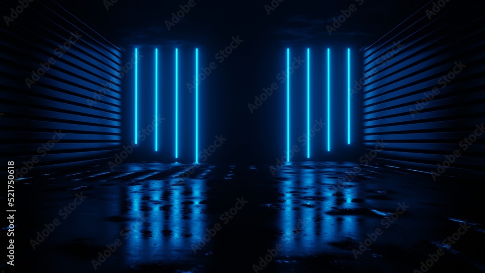 Neon light blue color room abstract background concep 3D rendering