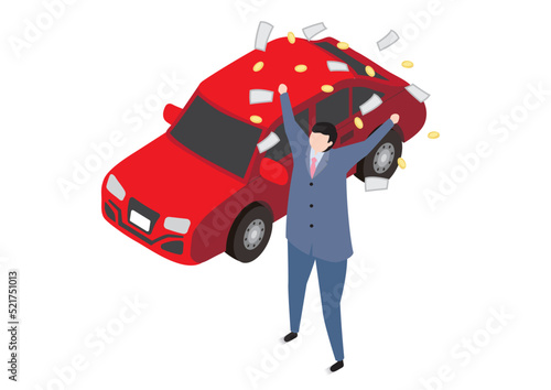 アイソメトリック＿大金を出して車を買って喜ぶスーツ姿の男性