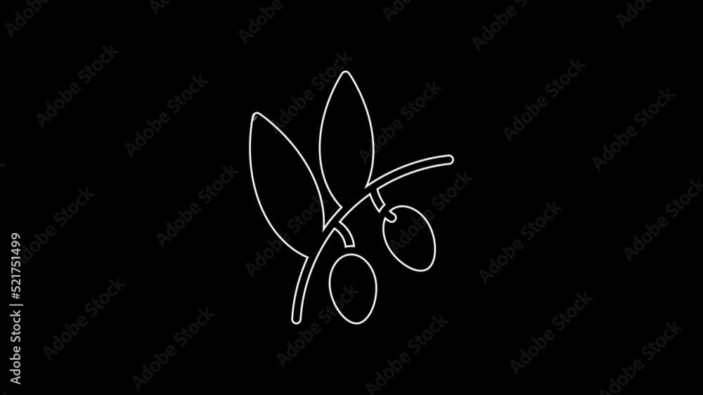 White line Olives branch icon isolated on black background. 4K Video motion graphic animation White line Olives branch icon isolated on black background. 4K Video motion graphic animation