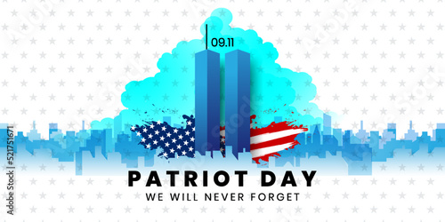 Patriot Day Background, September 11, United States flag, 911 memorial and Never Forget lettering, Vector conceptual illustration