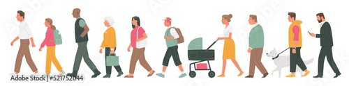 Set of walking people on an isolated background. Men and women, boys and girls, grandparents go side view