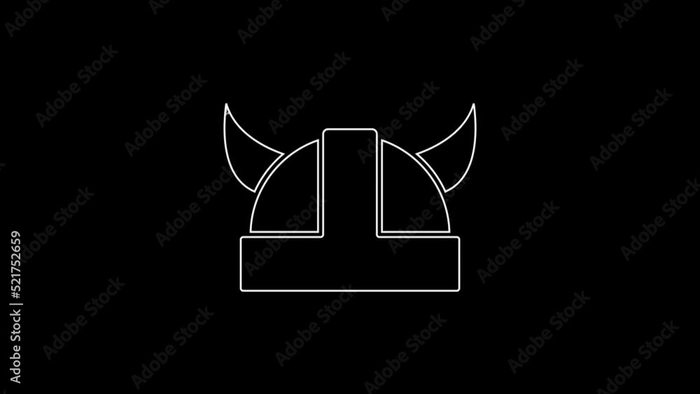 White line Viking in horned helmet icon isolated on black background. 4K Video motion graphic animation White line Viking in horned helmet icon isolated on black background. 4K Video motion graphic animation