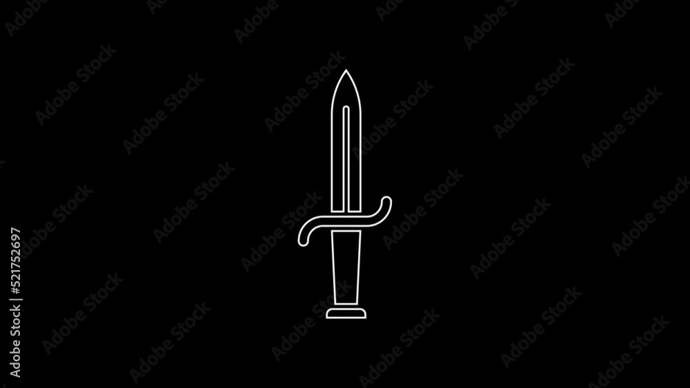 White line Dagger icon isolated on black background. Knife icon. Sword with sharp blade. 4K Video motion graphic animation White line Dagger icon isolated on black background. Knife icon. Sword with sharp blade. 4K Video motion graphic animation
