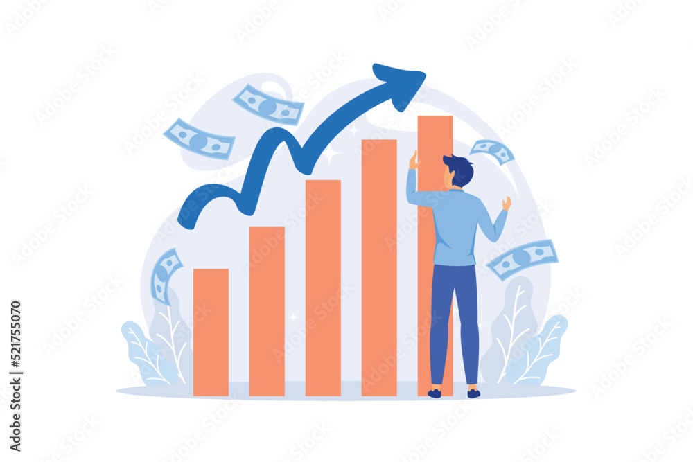 Profitable investment, funding flat vector illustration. Stock market income. Successful businessman standing on coins stack. Millionaire banker, financier cartoon character. Profitable investment, funding flat vector illustration. Stock market income. Successful businessman standing on coins stack. Millionaire banker, financier cartoon character.