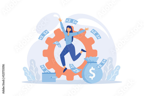 Profitable investment, funding flat vector illustration. Stock market income. Successful businessman standing on coins stack. Millionaire banker, financier cartoon character.