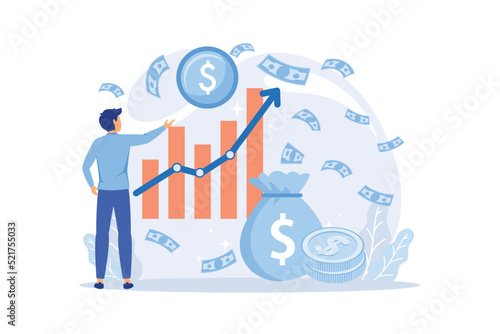 Profitable investment, funding flat vector illustration. Stock market income. Successful businessman standing on coins stack. Millionaire banker, financier cartoon character.