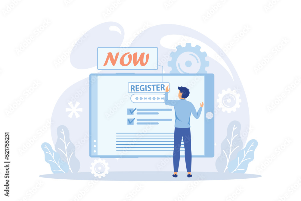 People register online. Registration or sign up user interface. Users use secure login and password. Concept of online registration, sign up, user interface. People register online. Registration or sign up user interface. Users use secure login and password. Concept of online registration, sign up, user interface.