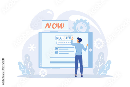 People register online. Registration or sign up user interface. Users use secure login and password. Concept of online registration, sign up, user interface.