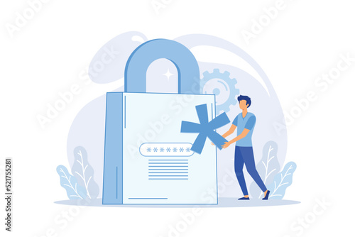 Man with key near computer and account login and password. Vector male character design concept for business.