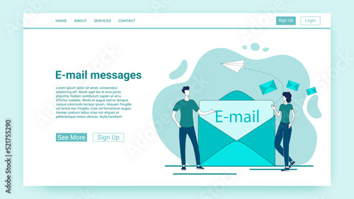E-mail messages.People are sending messages against the background of a large envelope.An illustration in the style of a green landing page.