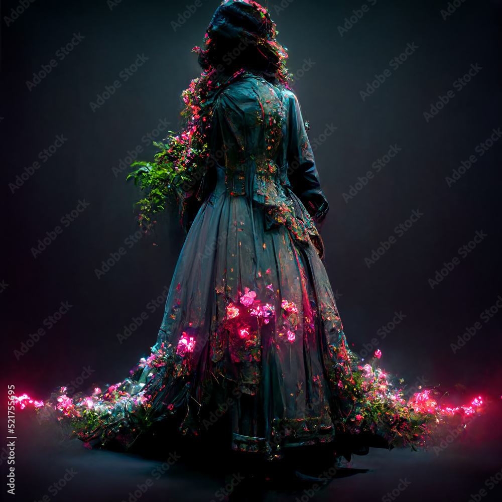 long haired beautiful woman with victorian dress, anatomy, neon flower forest, night, ultra realistic, digital art style, illustration painting