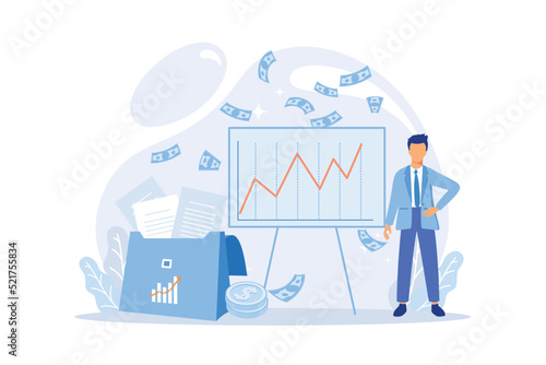 Money investing, financiers analyzing stock market profit. Portfolio income, capital gains income, royalties from investments concept.