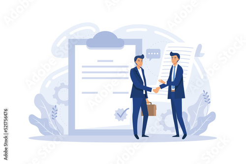 Business contract illustration. Characters signing legal document, electronic contract or agreement online. People reading contract terms and conditions.