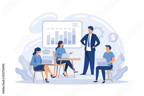 Boss and employees discussing project isolated cartoon characters on white background. Manager presenting company financial report. Brainstorming team.
