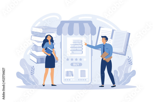 Bookstore application on smartphone screen. Man client purchase book online. Big hand give book to male customer. Technology of internet shopping.