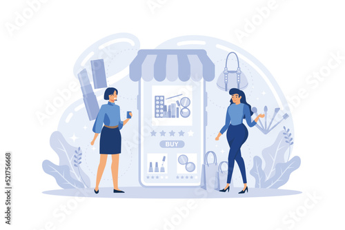 Online shopping, cosmetics store. Woman chooses and buys makeup in the internet shop, holding shampoo. Lipstick, nail polish, mascara.;