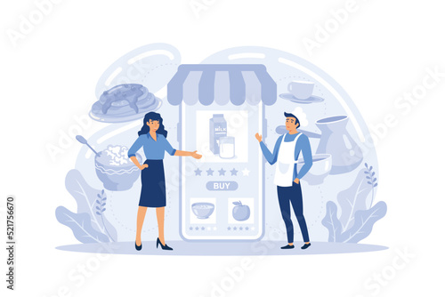 Vector illustration. Order food online. App on mobile phone. Fresh Groceries. Food Delivery. Online order service. Order with smartphone.