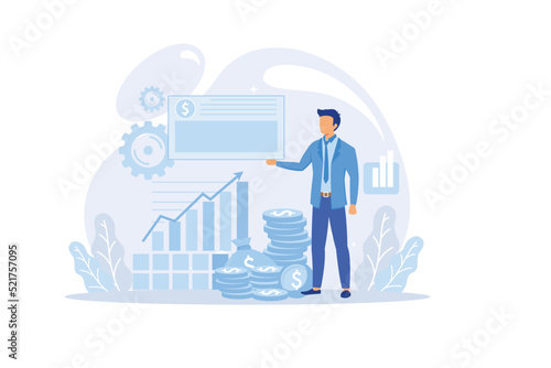 Money investing, financiers analyzing stock market profit. Portfolio income, capital gains income, royalties from investments concept.
