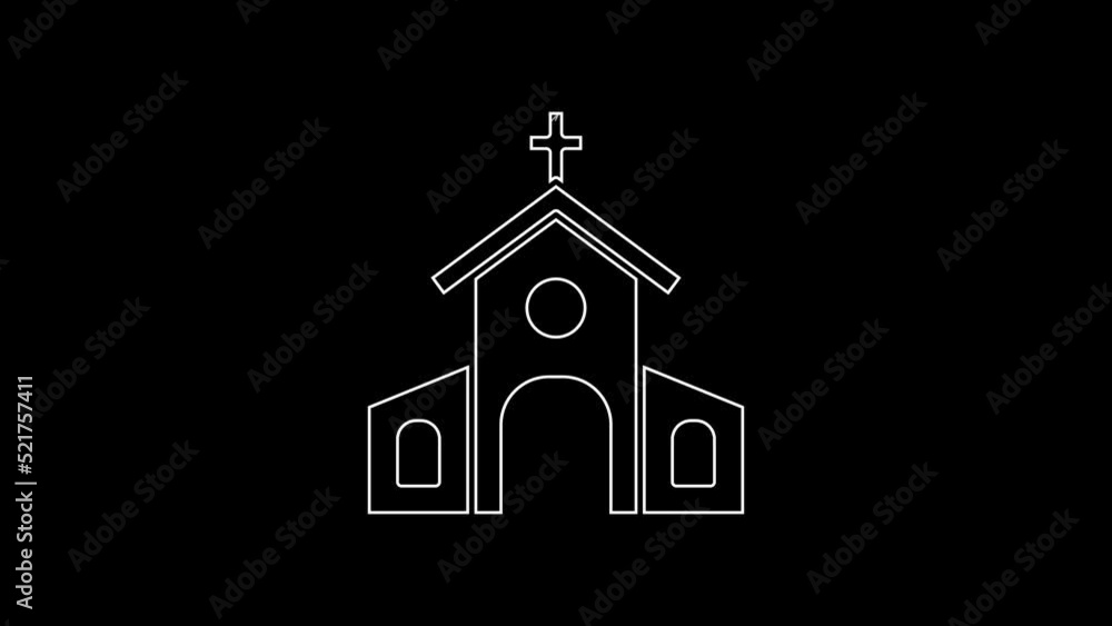 White line Church building icon isolated on black background. Christian Church. Religion of church. 4K Video motion graphic animation White line Church building icon isolated on black background. Christian Church. Religion of church. 4K Video motion graphic animation