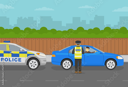 Traffic police officer pulls over a blue sedan car on a city road. Police officer writing a violation ticket to driver. Young male driver looking at police officer. Flat vector illustration template.