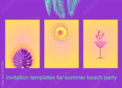 Vertical yellow posters for summery party invitation, editable template for social networks stories, seasonal sale, summer discount cards with monstera leaf, sun and cocktail glass. 
